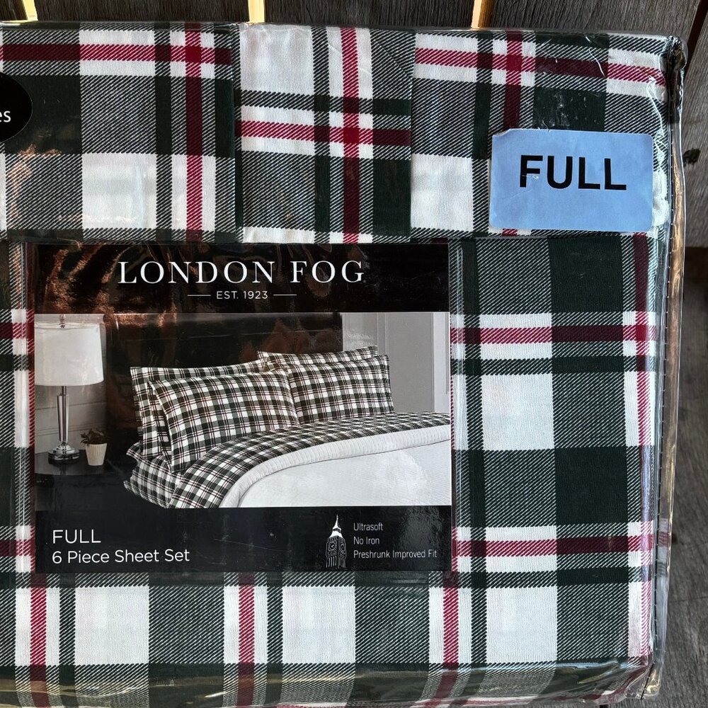 6-pc London Fog FULL Green Holiday Plaid Sheet Set Plaid (2 xtra pillowcases)